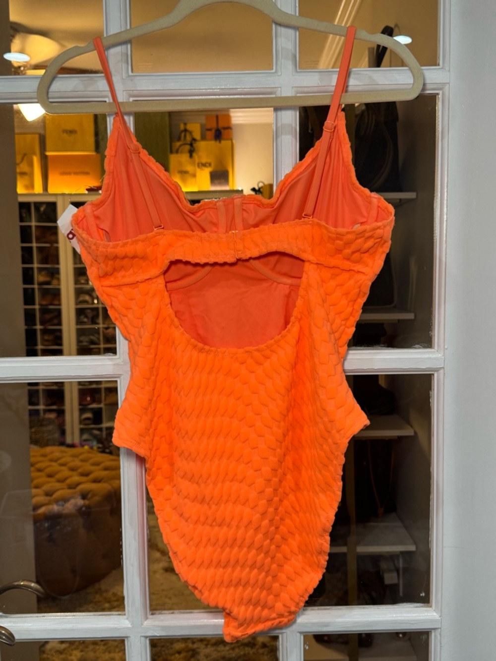 Good American Orange Textured One-Piece Swimsuit high cut towel fabric bright - Picture 7 of 7